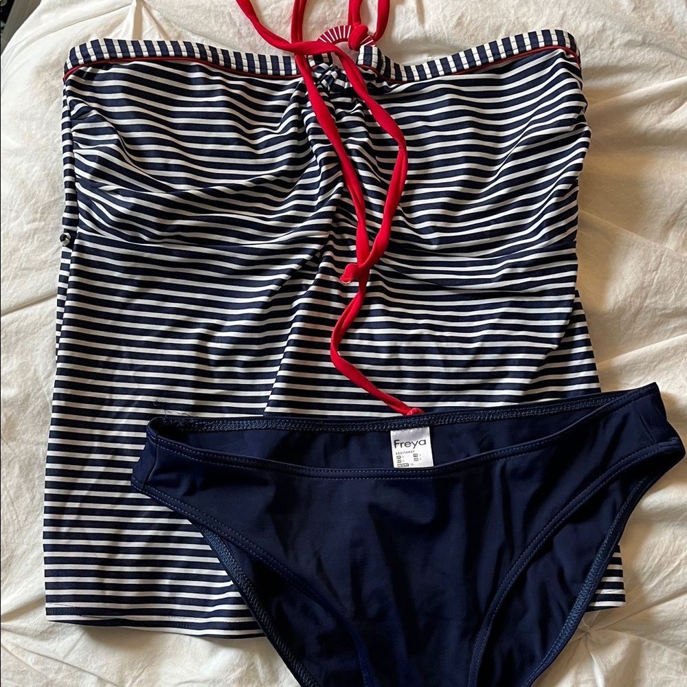 Freya Navy and White Striped Swim Set with Red Accent